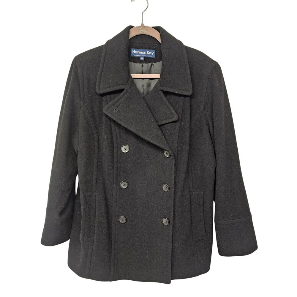VTG Herman Kay Pea Coat Women 1X Wool Double Breasted Pocket Long Sleeve Office